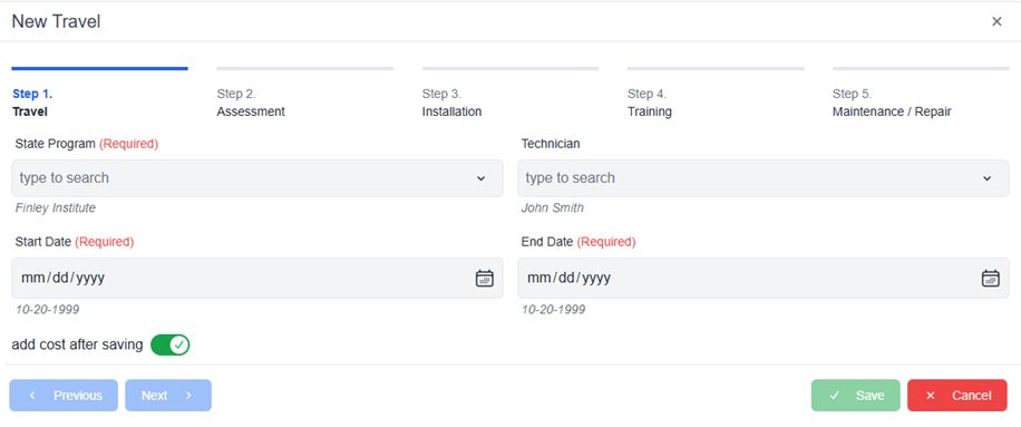 New travel pop-up window with required fields and add cost after saving toggle and next and cancel buttons