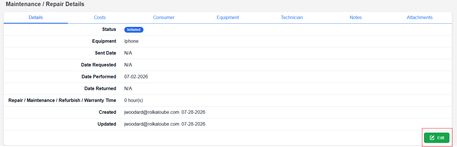 Maintenance and repair details page with edit button highlighted in bottom right corner 
