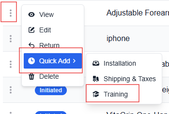 More options menu with the Quick Add and Training options highlighted