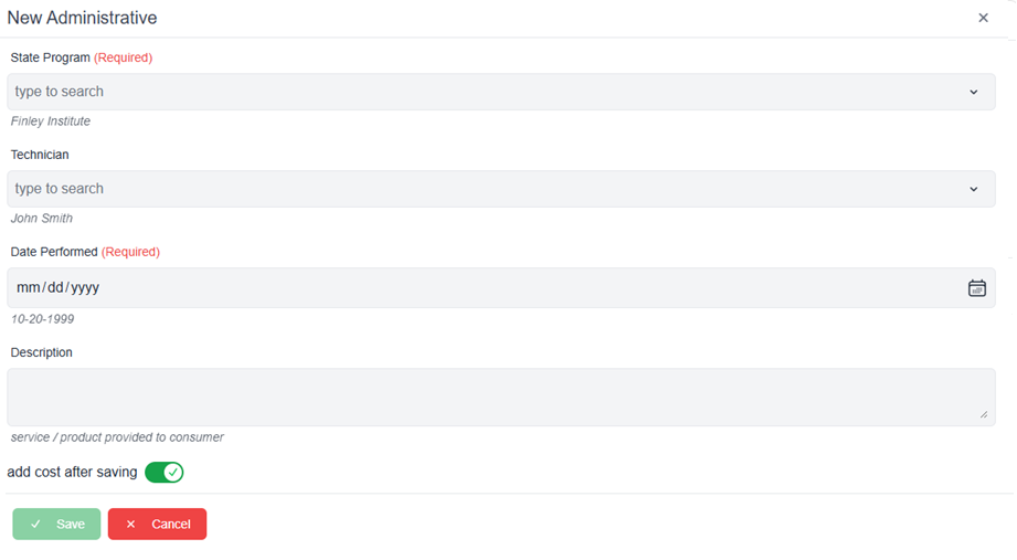 new administrative pop-up window with required fields add cost after saving toggle and save and cancel buttons 