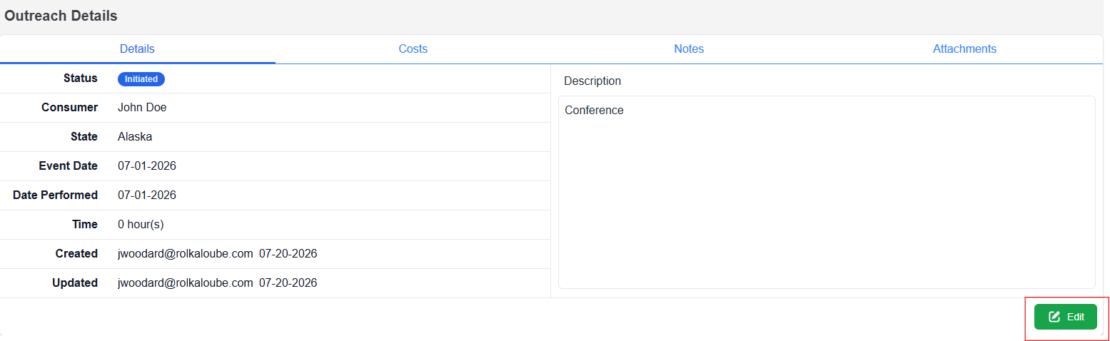 outreach details page with edit button highlighted in bottom right hand corner 