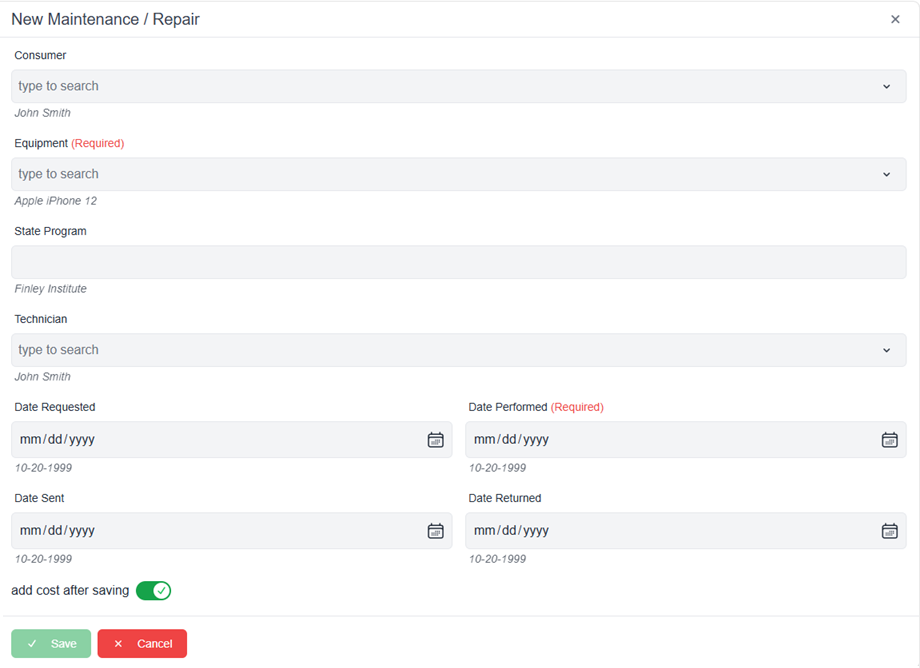 New Maintenance and Repair pop-up window with required fields add cost after saving toggle and save and cancel buttons 