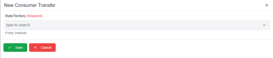 new consumer transfer pop-up window with required field and save and cancel buttons 