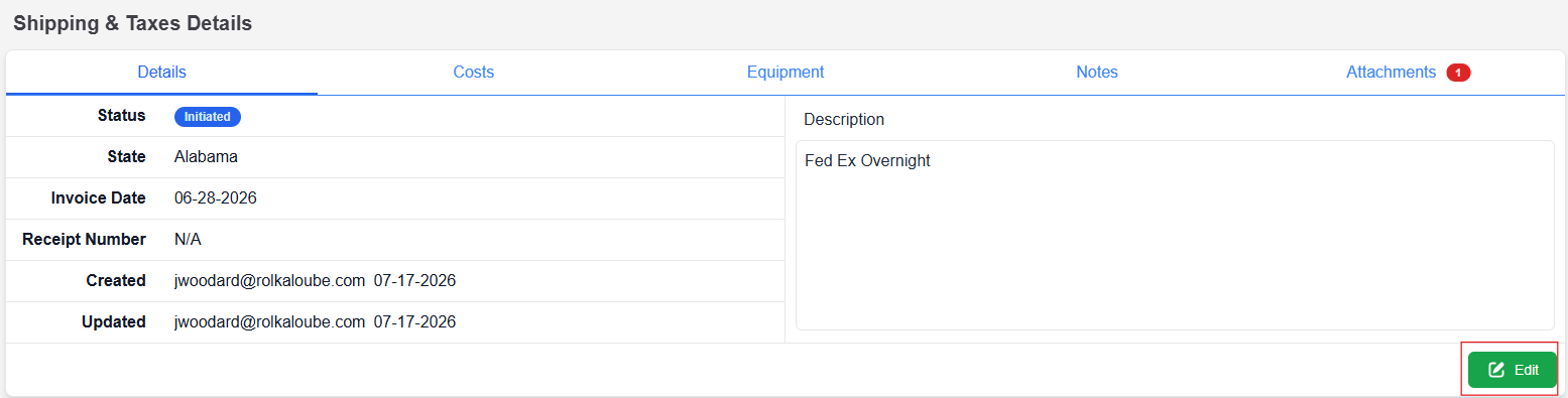 Shipping and Tax Details page with Details tab selected and Edit button highlighted in lower right hand corner