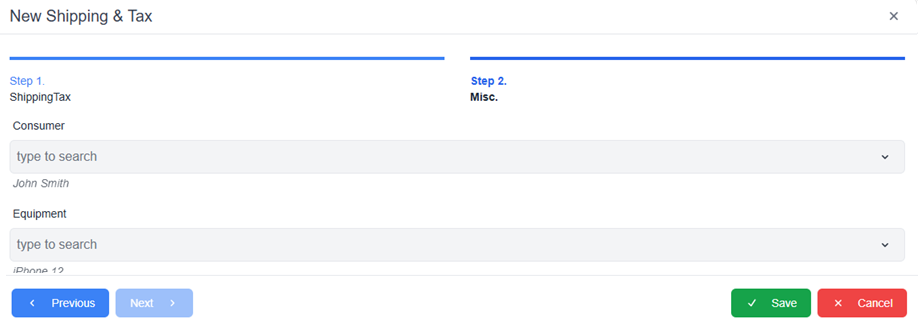 New Shipping and Tax pop up window with optional fields and save and cancel buttons