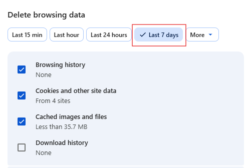 Delete browsing data pop-up window with last 7 days, browsing history, cookies and other site data, and cached images and files selected