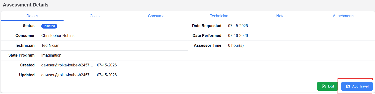 Assessment details page with the add travel button highlighted in the bottom right corner 