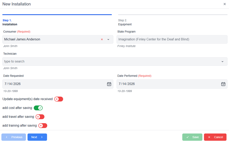 New Installation pop-up window with fields pre-populated, next and cancel buttons. update equipment date received, add cost after saving, add travel after saving, add training after saving toggles