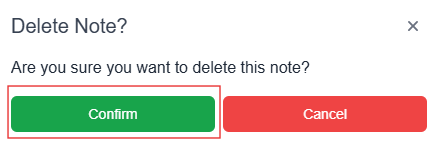 Delete note pop-up window with confirm button highlighted