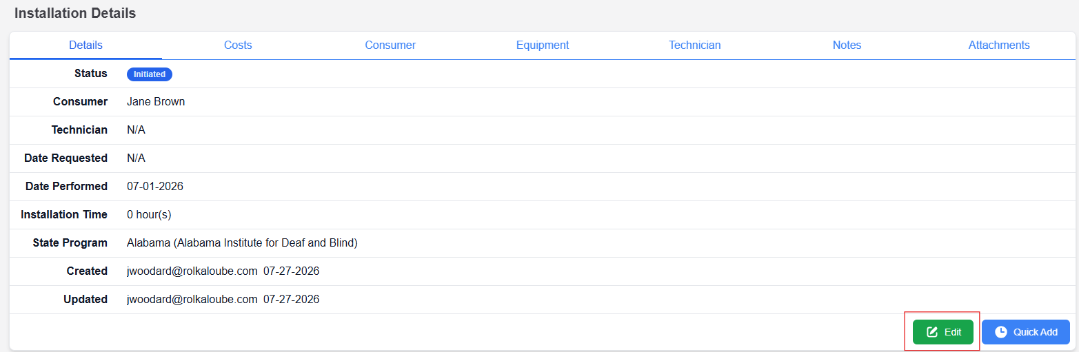 Installation details page with edit button highlighted in bottom right hand corner 