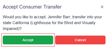 Accept consumer transfer with the accept button highlighted