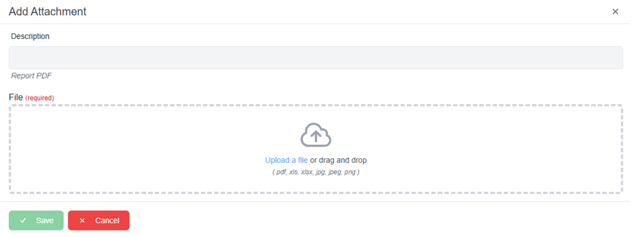 Add attachment pop-up window with file upload and save and cancel buttons 