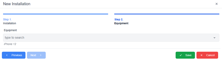 New Installation pop-up window with non-required fields and previous save and cancel buttons 