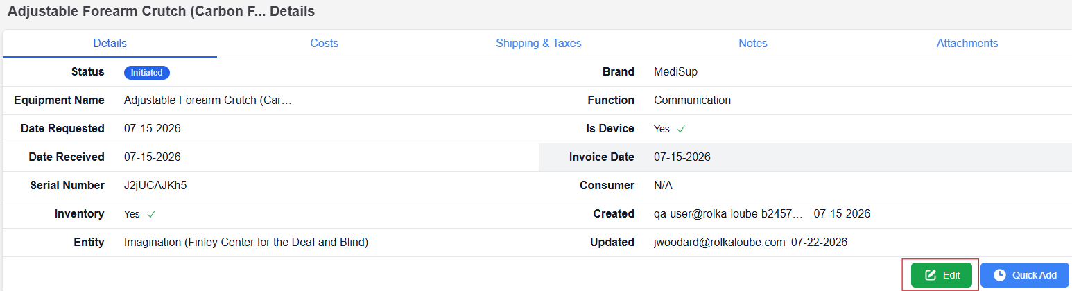Equipment details page with edit button highlighted in lower right hand corner 