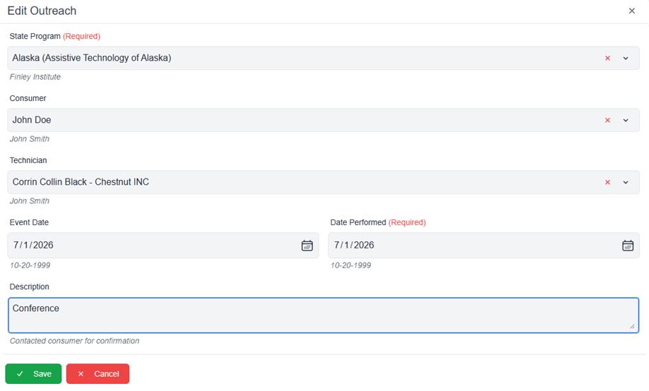 Edit Outreach pop-up window with fields filled out and save and cancel buttons 
