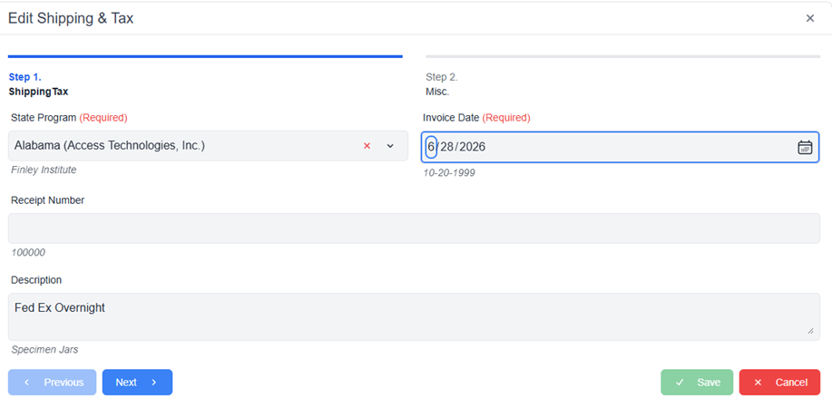 Edit Shipping and Tax pop-up window with required fields filled in and Next and Cancel buttons