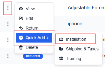 More options menu with the Quick Add and Installation options highlighted
