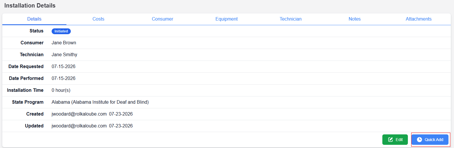 Installation details page with quick add button highlighted in bottom right corner 