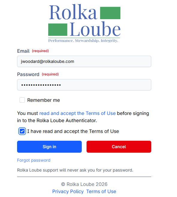 Login page with email and password fields filled in, terms of use checkbox, and sign in and Cancel buttons as well as a forgot password link