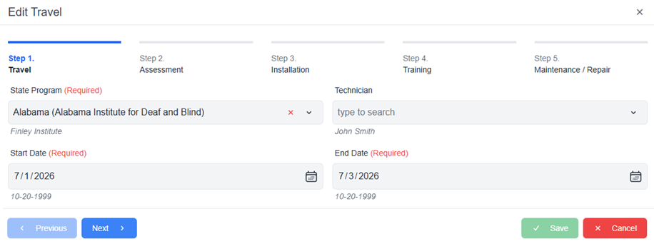Edit travel pop-up window with required fields filled in and next and cancel buttons 
