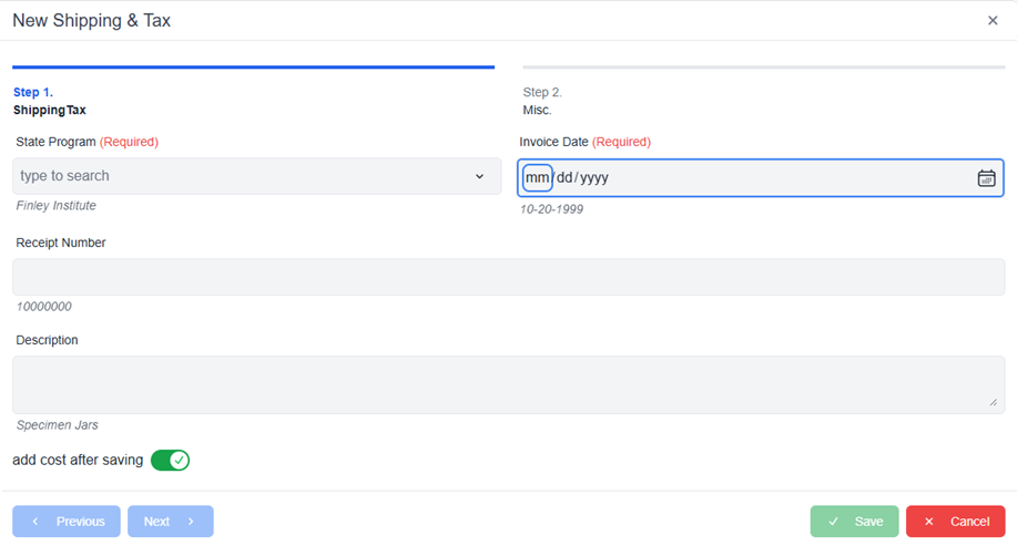 New Shipping and Tax pop-up window with required fields add cost after saving toggle and save cancel and next buttons