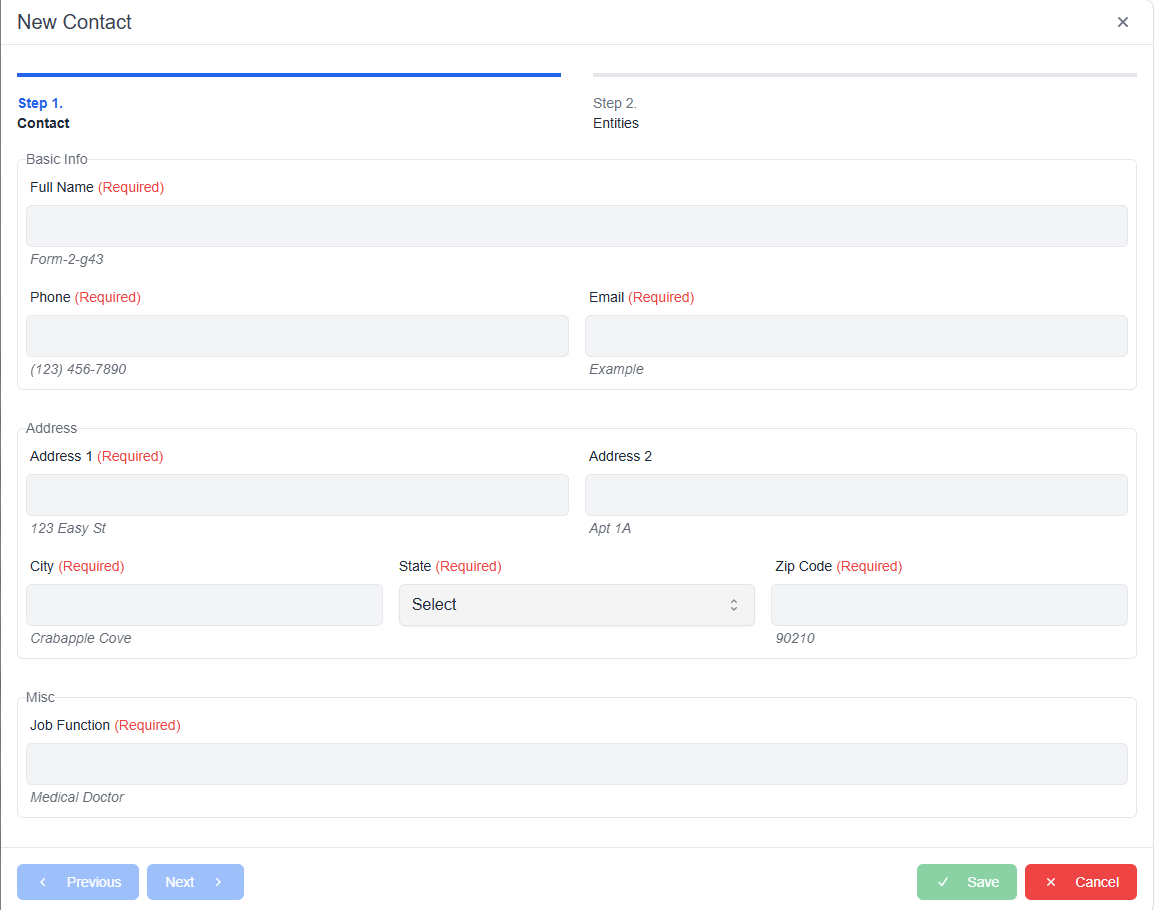 new contact pop-up window showing required fields Next and Cancel buttons 