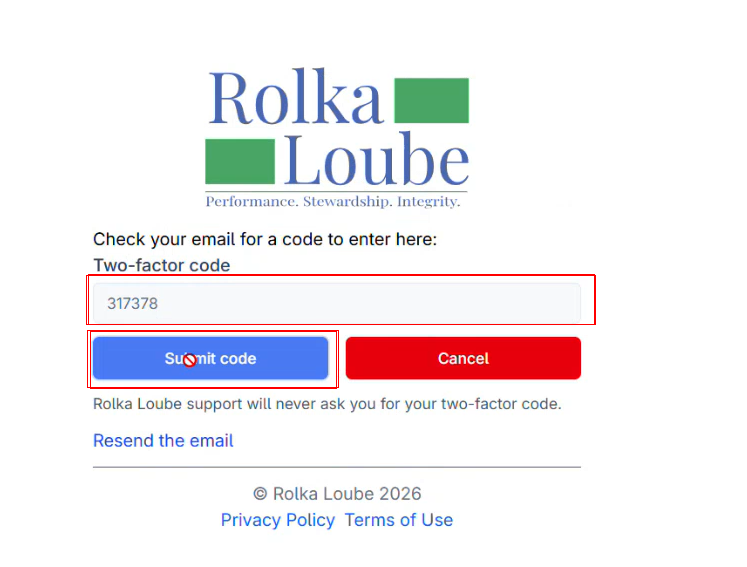 authorization page with two factor code field and submit code button highlighted