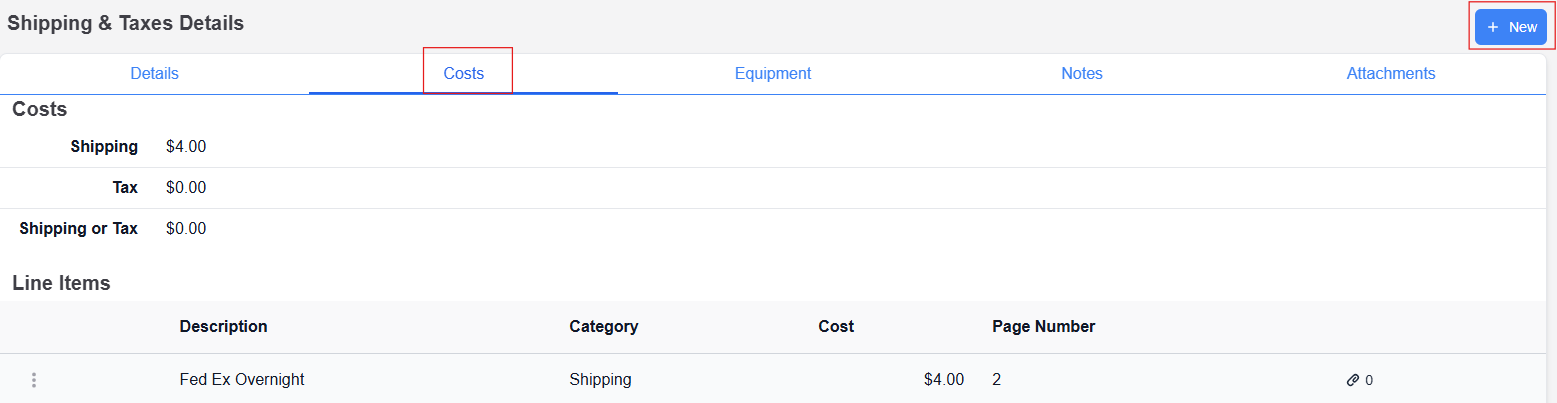 Category details page with costs tab selected and new button highlighted 