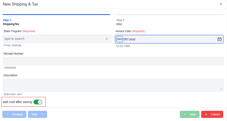 new item pop-up window with add cost after saving toggle highlighted required fields Next and Cancel buttons 