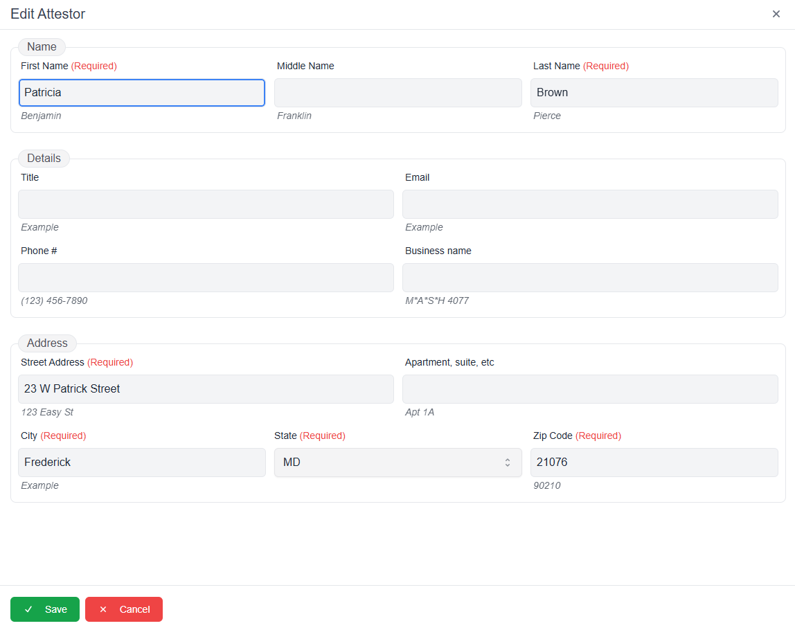 Edit Attestor pop-up window with required fields filled in and save and cancel buttons 