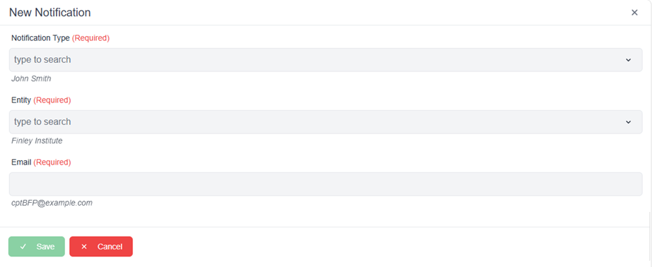New notification pop-up window with required fields Save and Cancel buttons