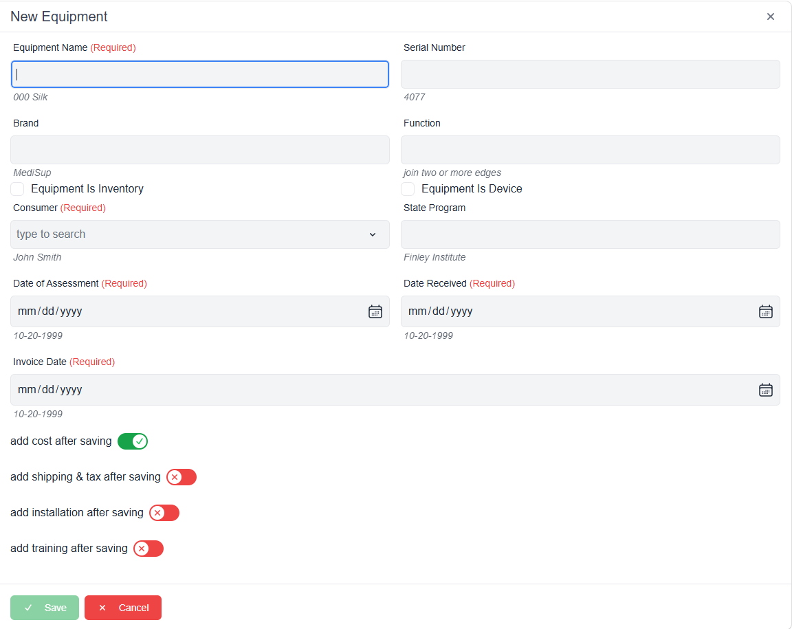 New equipment pop-up window with equipment is inventory and equipment is device checkboxes required fields add cost after saving add shipping and tax after saving add installation after saving and add training after saving toggles. 