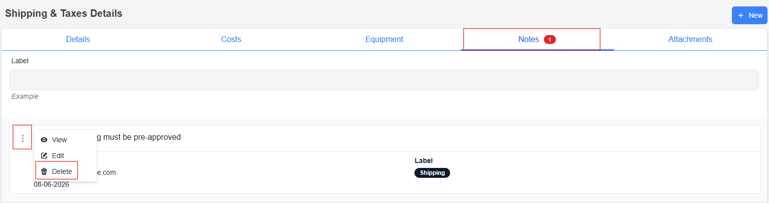category details page with notes tab selected showing three dots icon and delete button selected next to note description 