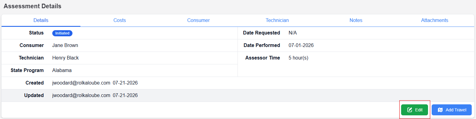 Assessment details page with edit button highlighted in bottom right hand corner 