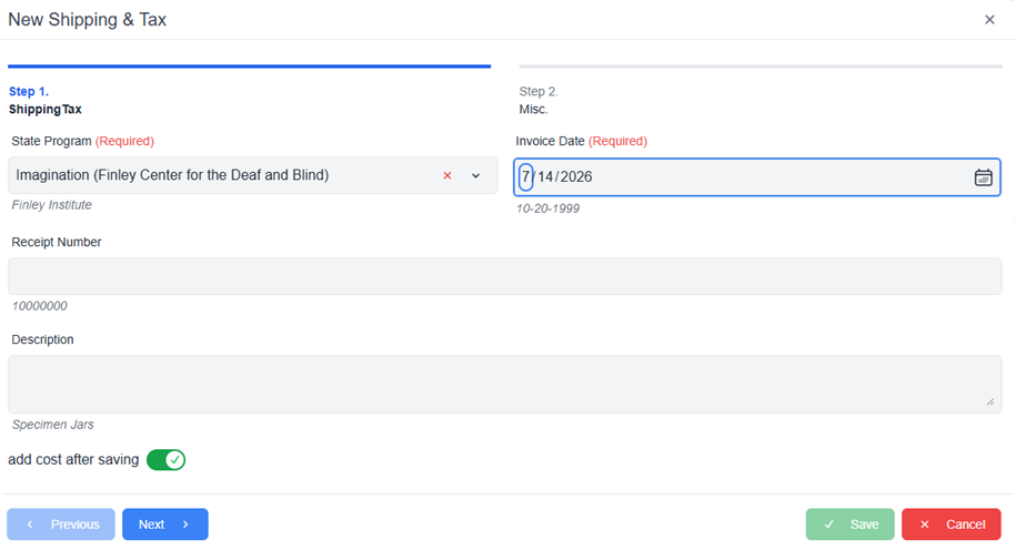 New shipping and tax pop-up window with required fields pre-populated and next and cancel buttons as well as add cost after savings toggle 