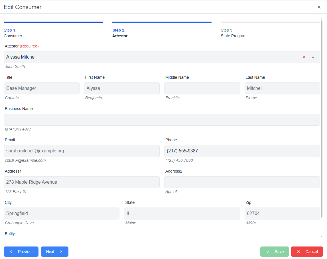 Edit Consumer pop-up window with required field, pre-populated fields and next previous and cancel buttons