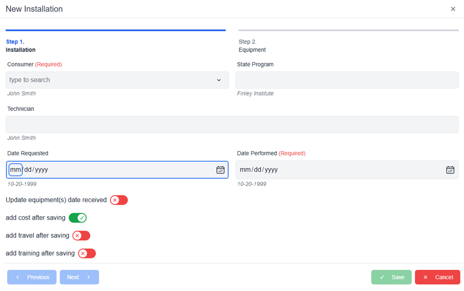Add installation pop-up window with required fields and update equipment(s) date received, add cost after saving, add travel after saving, and add training after saving toggles and Next and cancel buttons