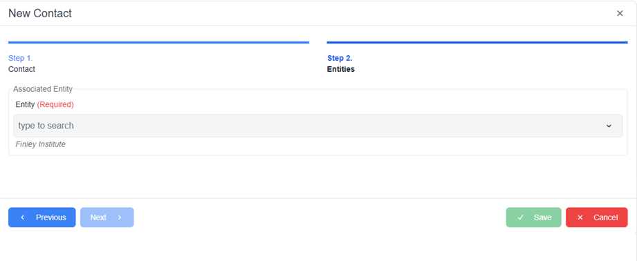 New Contact pop-up window with required field Previous, Save and Cancel buttons 