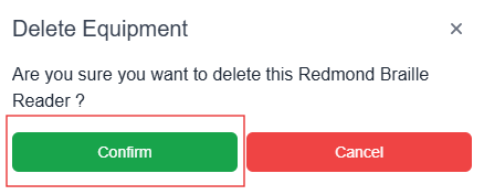 Delete Equipment pop-up window with confirm highlighted