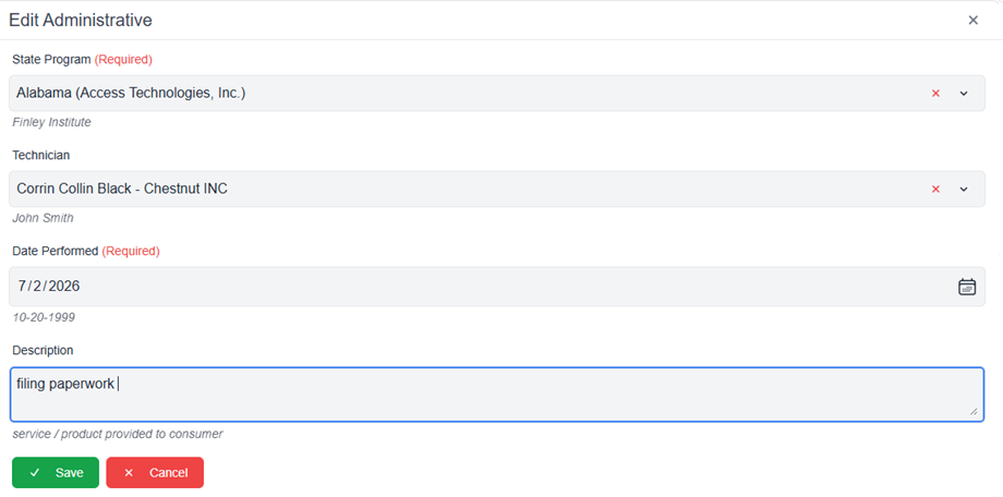 edit administrative pop-up window with required fields filled in and save and cancel buttons 