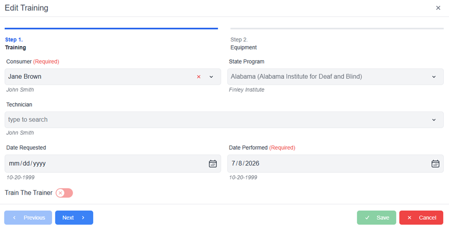 Edit training pop-up window with required fields and train the trainer toggle next and cancel buttons 