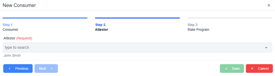 New consumer pop-up window showing required field, previous next and cancel buttons