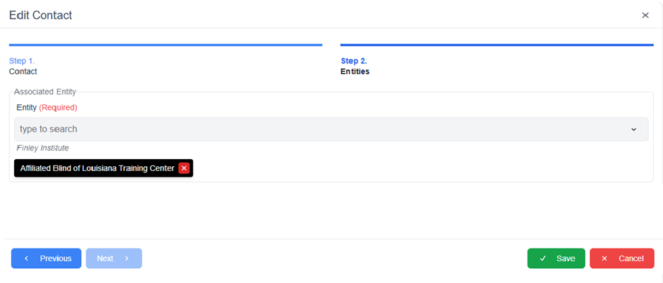 Edit contact pop-up window with required fields filled in and Previous, Save and Cancel buttons