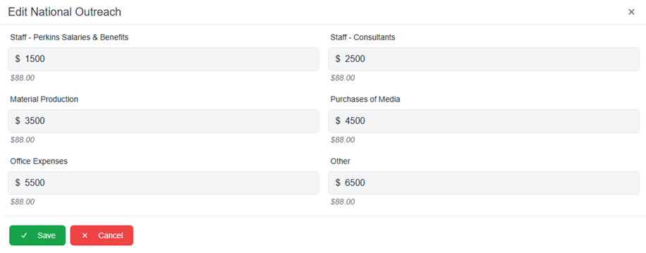 Edit national outreach pop-up window with fields filled in and save and cancel buttons