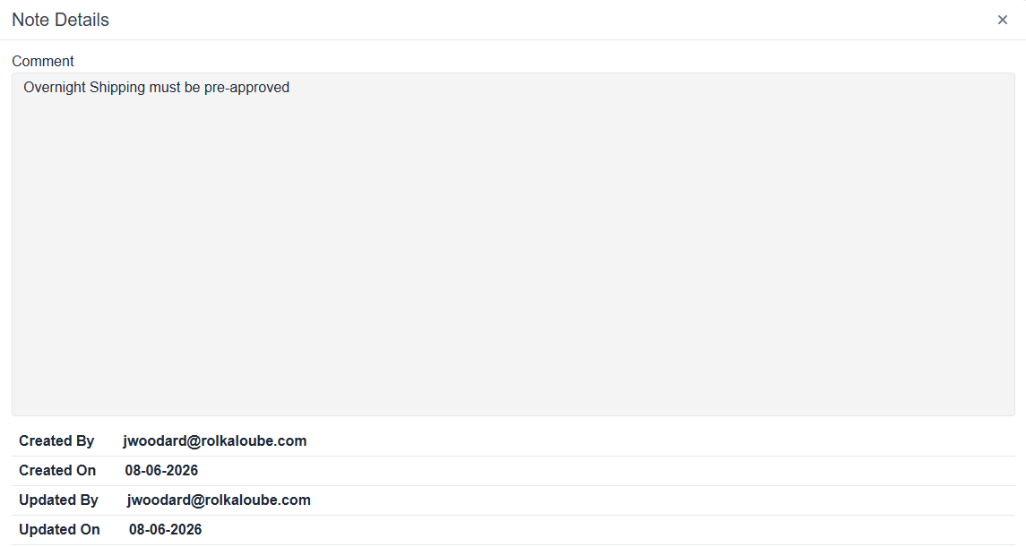 Note details pop up window with comment field