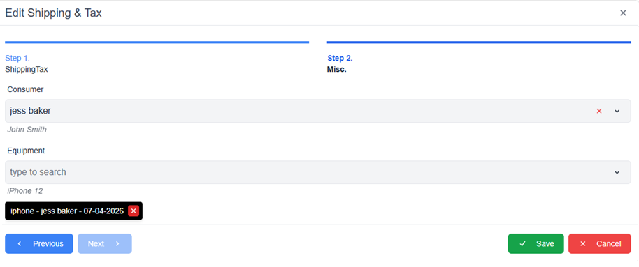 Edit Shipping and Tax pop-up window with optional fields filled in and Previous Save and Cancel buttons