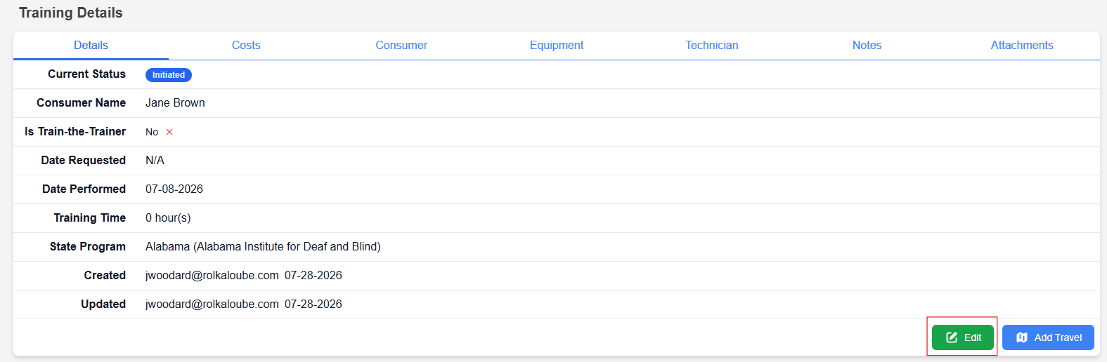 training details page with edit button highlighted in bottom right hand corner 