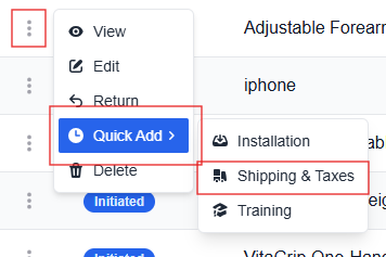 More options menu with the Quick add and shipping and taxes option highlighted