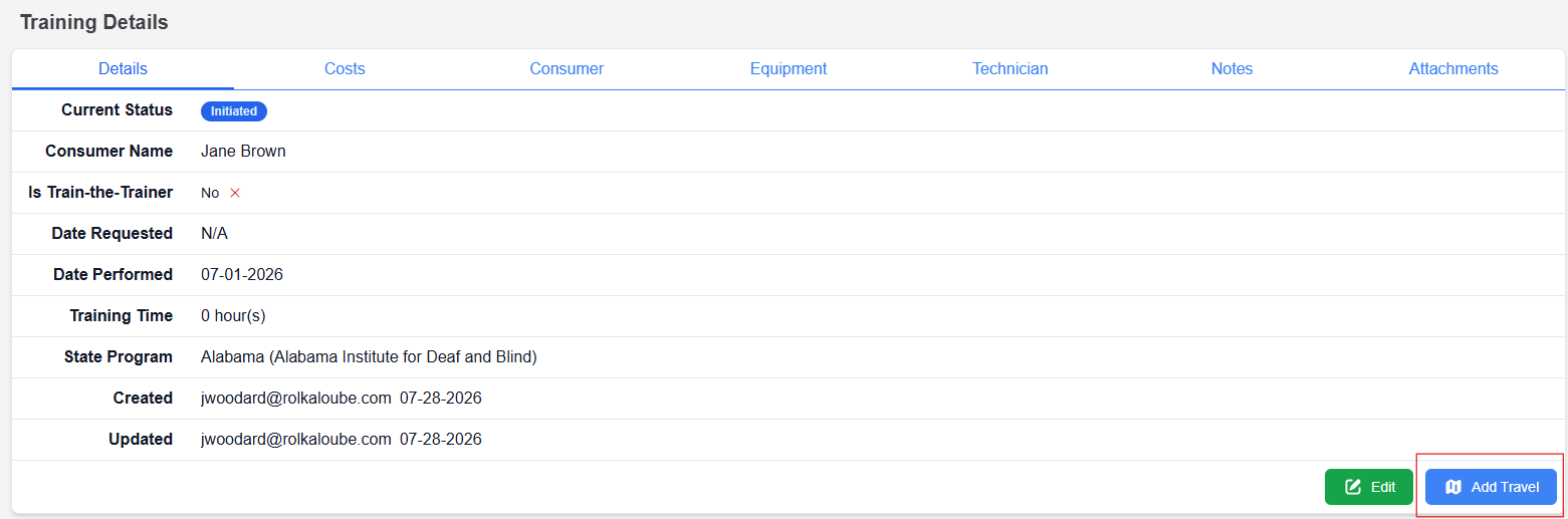 Training details pop-up window with add travel button highlighted in lower right hand corner 