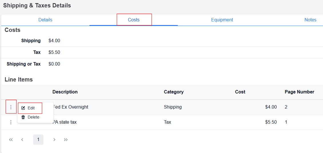 Shipping and Taxes details page with Costs tab selected showing line item with edit selected from drop-down menu
